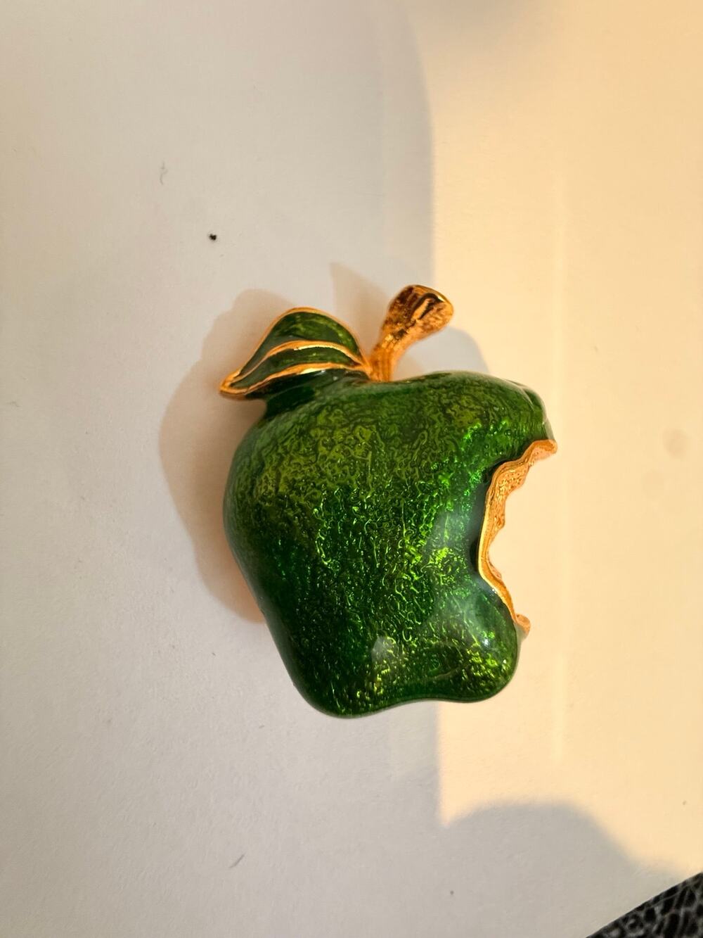 Vintage Green Enamel Bitten Apple Gold Tone Brooch